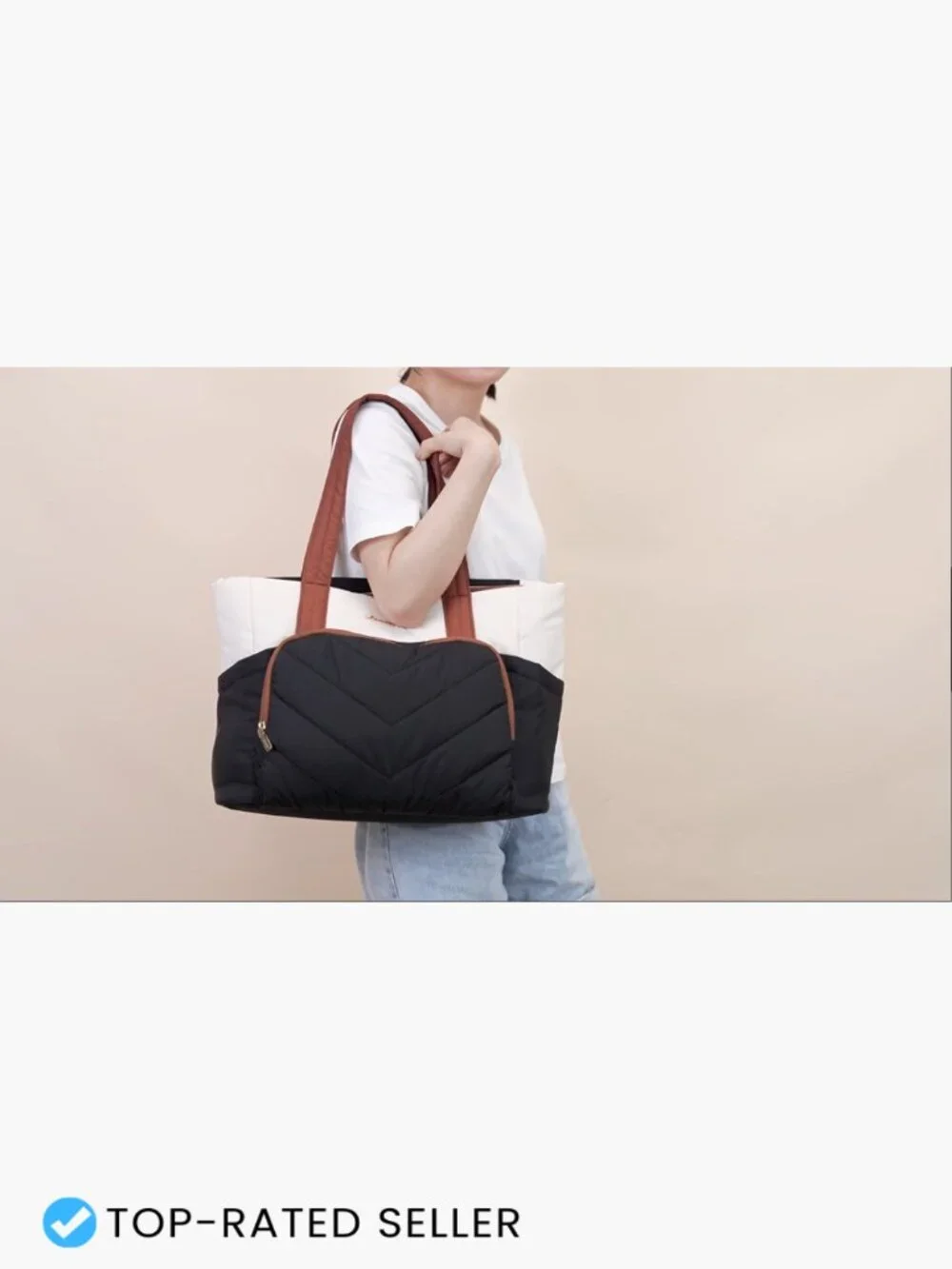 Puffer Tote Bag with V-Quilted Design, Lightweight Nylon, Large Shoulder Laptop